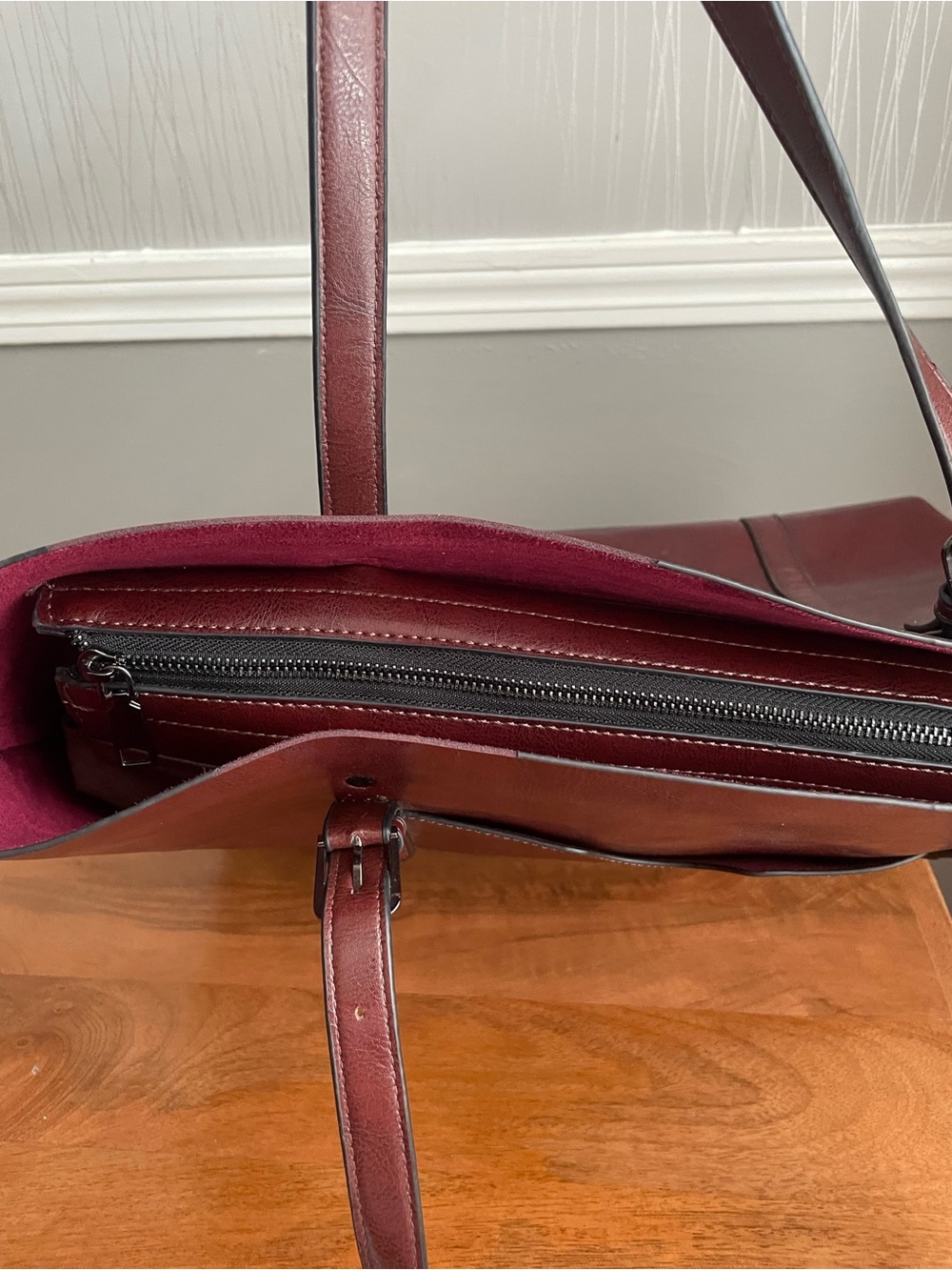 Burgundy Faux Leather Tote Bag Large Shoulder Bag - Picture 5 of 10